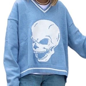 Light Blue Skull Heart Sleeved Sweater Blue and White Knit Top